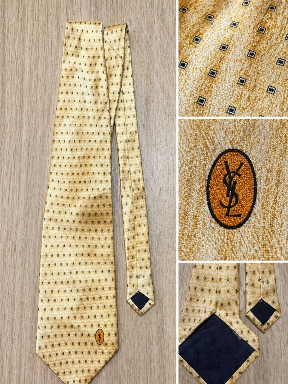 Vintage Yves Saint Laurent YSL Silk Tie Gold Pattern Logo 90s Designer
